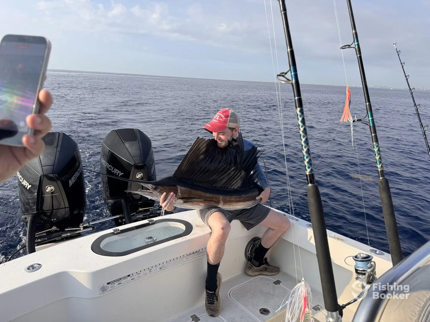 Sailfish brought boatside during a full day offshore charter near Pompano Beach