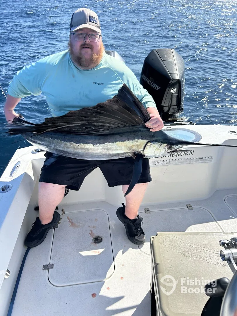 Angler holding a sailfish before release on a deep sea charter